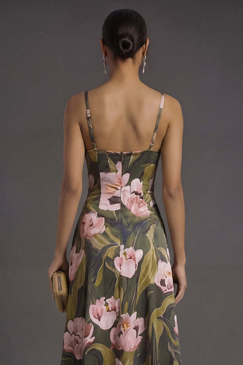 Olive A Line Floral Spaghetti Straps Backless Sleeveless Long Formal Dress
