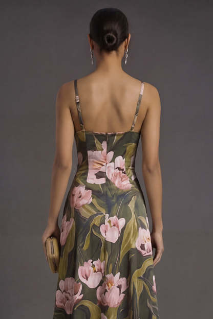 Olive A Line Floral Spaghetti Straps Backless Sleeveless Long Formal Dress