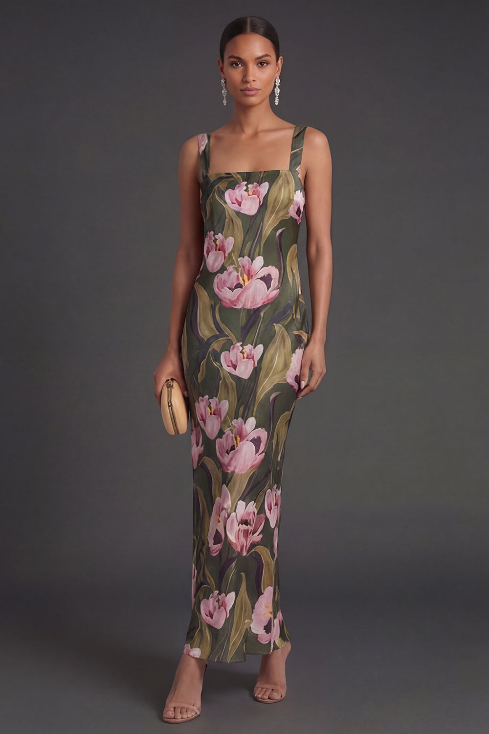 Leely Women Olive Floral Sheath Sleeveless Long Formal Dress Thick Straps Backless Wedding Guest Dress