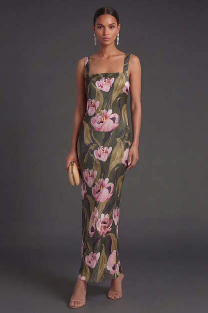 Leely Women Olive Floral Sheath Sleeveless Long Formal Dress Thick Straps Backless Wedding Guest Dress