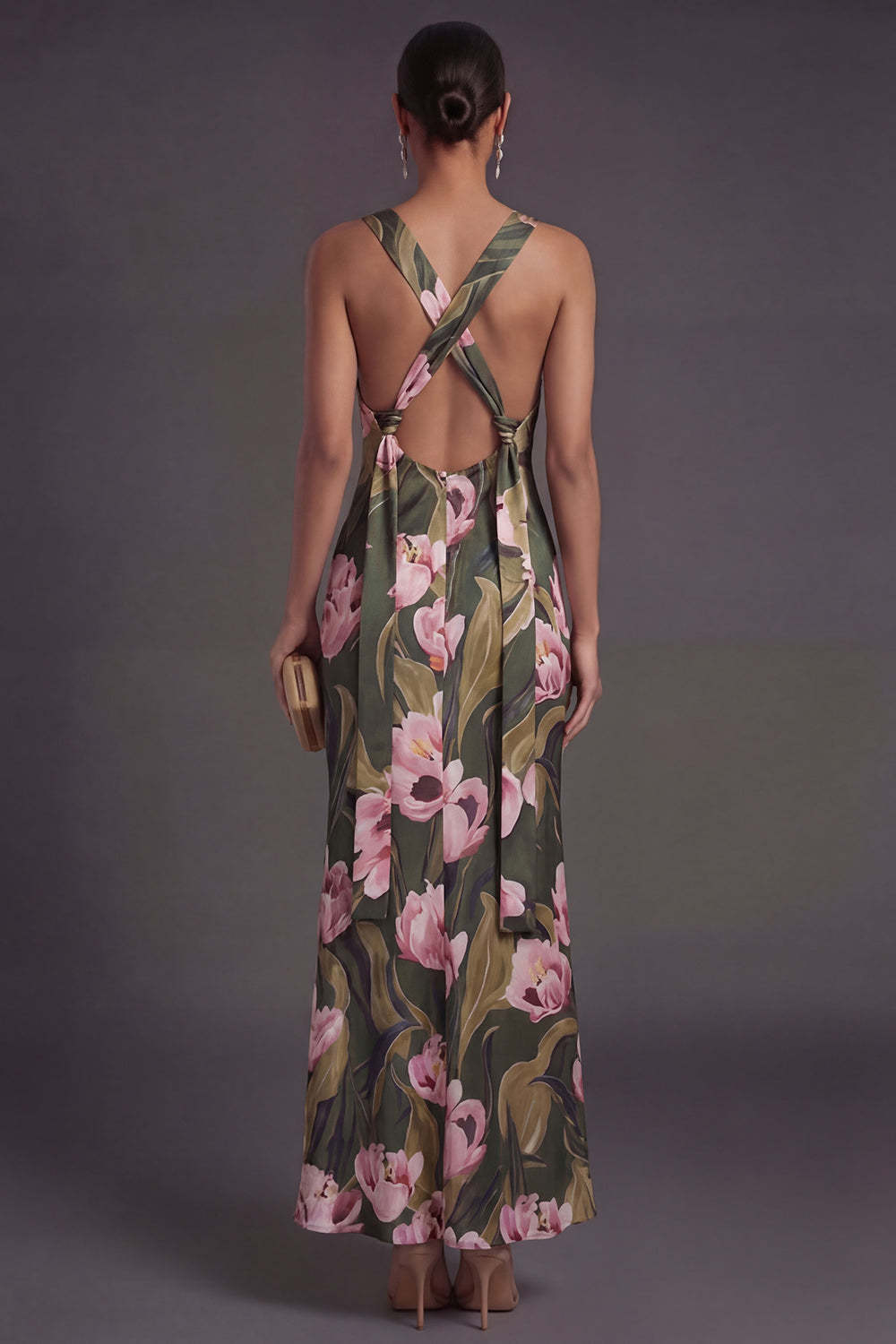 Olive Floral Sheath Thick Straps Sleeveless Long Formal Dress