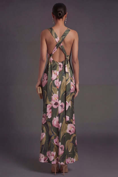 Olive Floral Sheath Thick Straps Sleeveless Long Formal Dress
