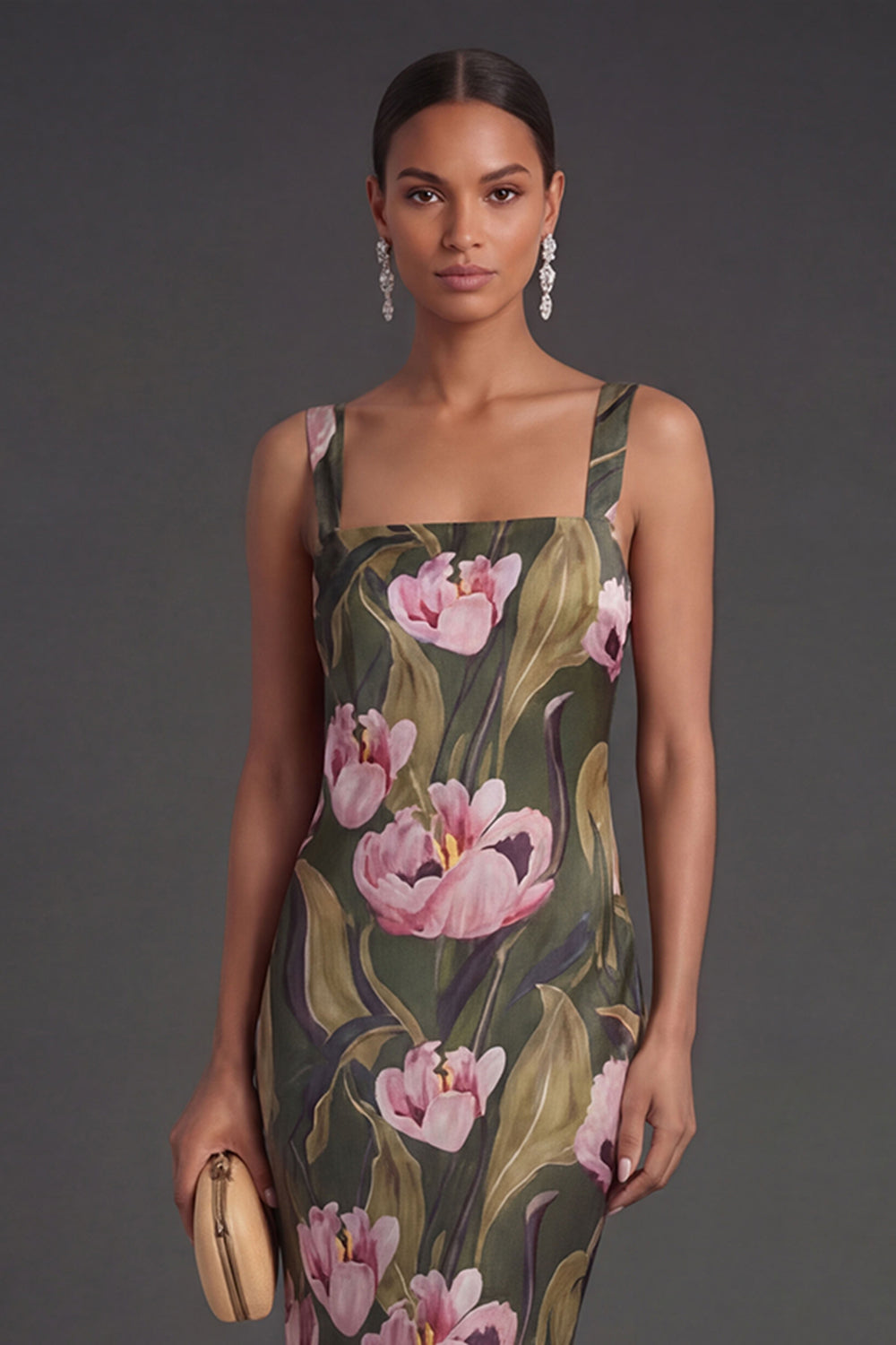 Olive Floral Sheath Thick Straps Sleeveless Long Formal Dress
