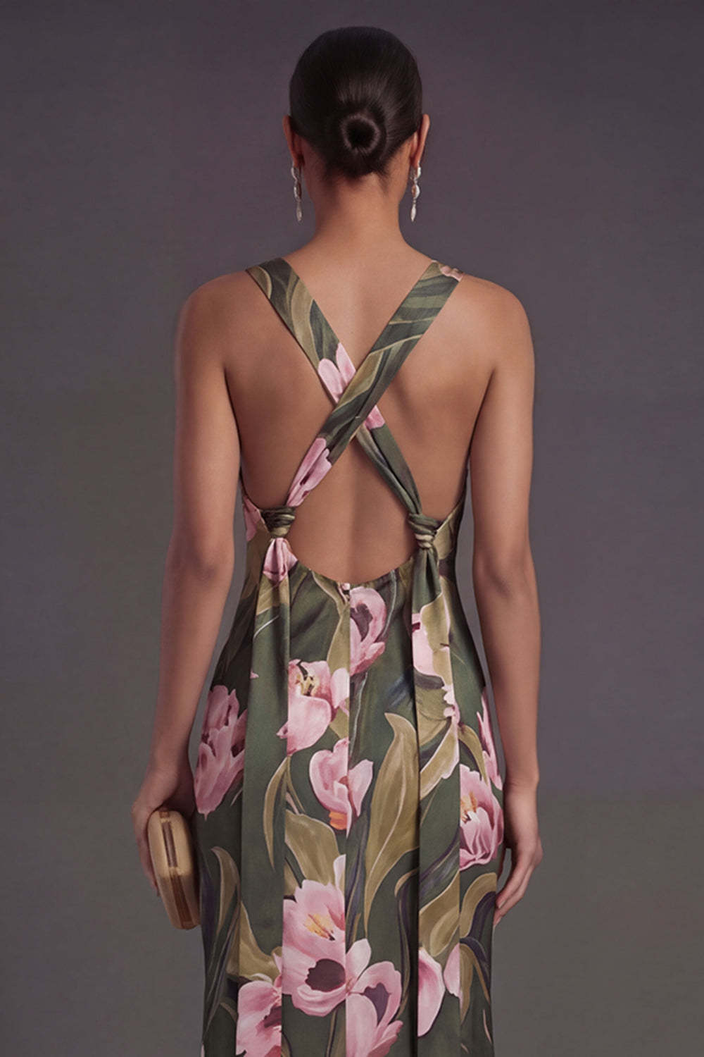 Olive Floral Sheath Thick Straps Sleeveless Long Formal Dress