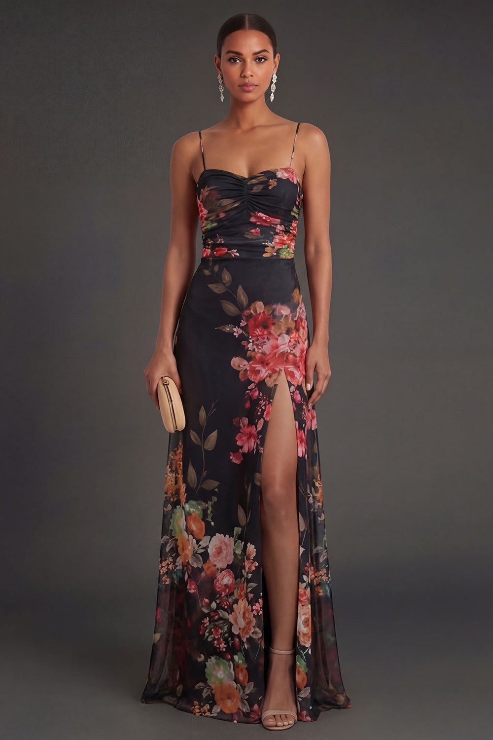 Leely Women Black Floral A Line Long Formal Dress with Slit Spaghetti Straps Backless Sleeveless Wedding Guest Dress