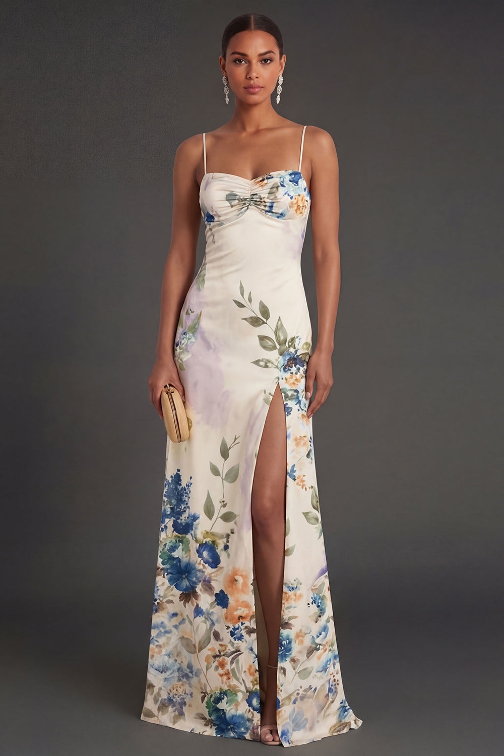 Black Floral Spaghetti Straps A Line Long Formal Dress with Slit