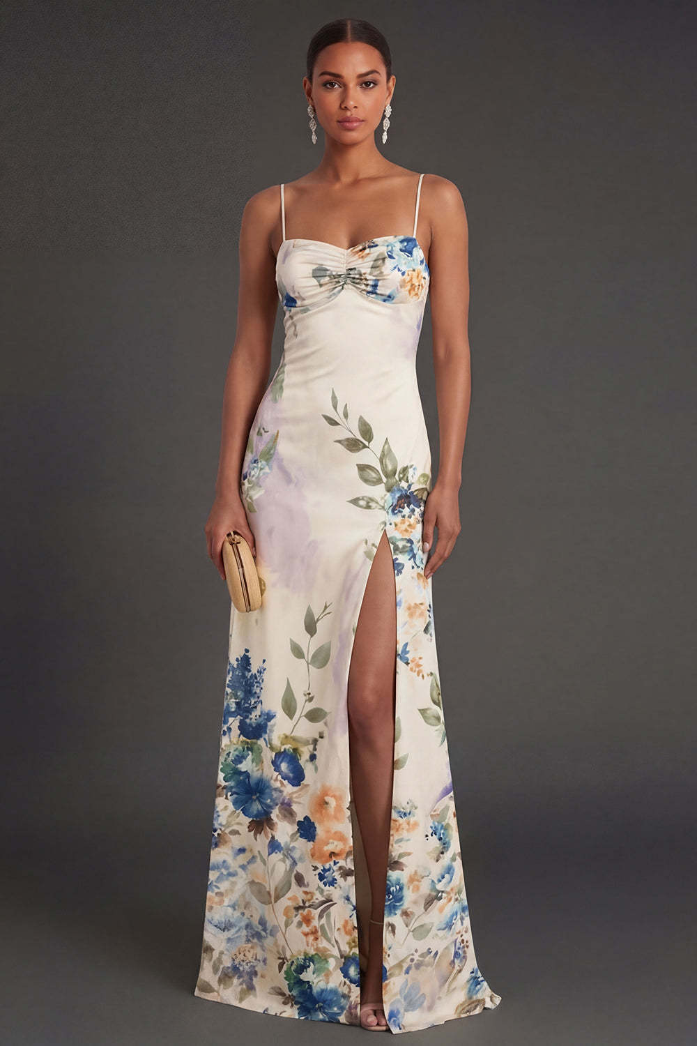 Black Floral Spaghetti Straps A Line Long Formal Dress with Slit