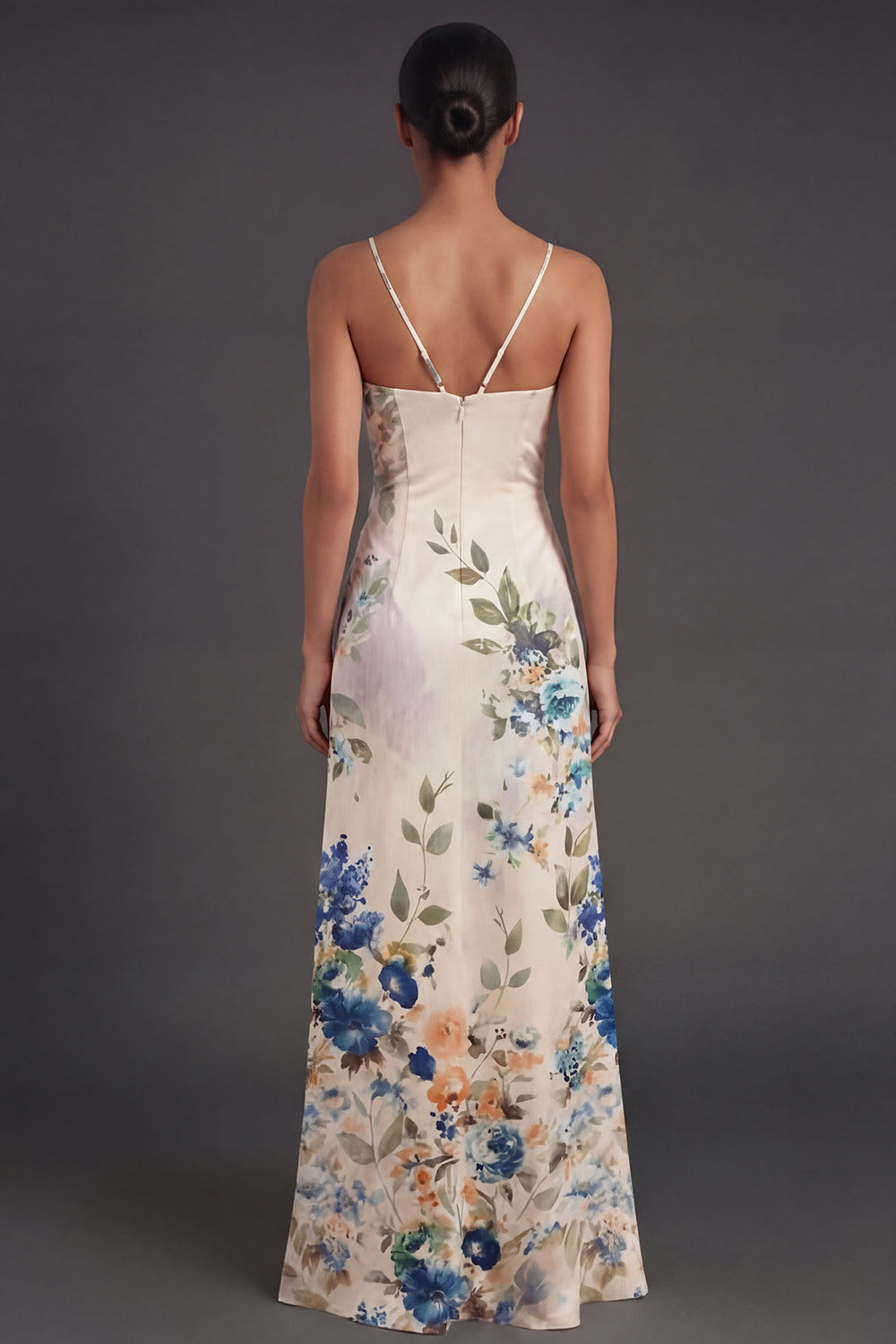 Black Floral Spaghetti Straps A Line Long Formal Dress with Slit