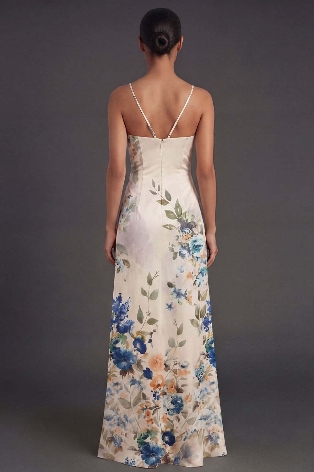 Black Floral Spaghetti Straps A Line Long Formal Dress with Slit