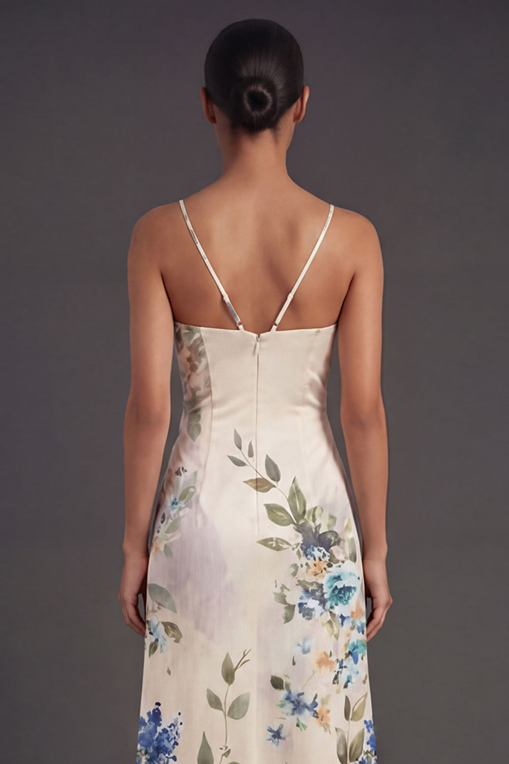 Black Floral Spaghetti Straps A Line Long Formal Dress with Slit