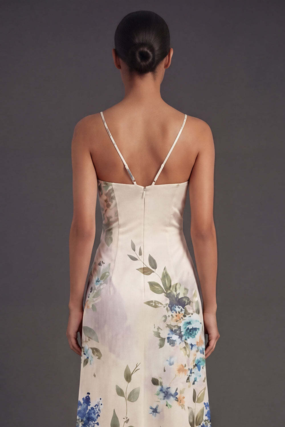 Black Floral Spaghetti Straps A Line Long Formal Dress with Slit