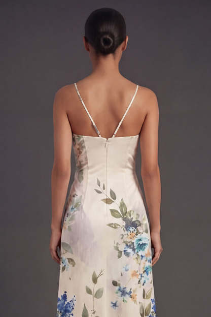 Black Floral Spaghetti Straps A Line Long Formal Dress with Slit