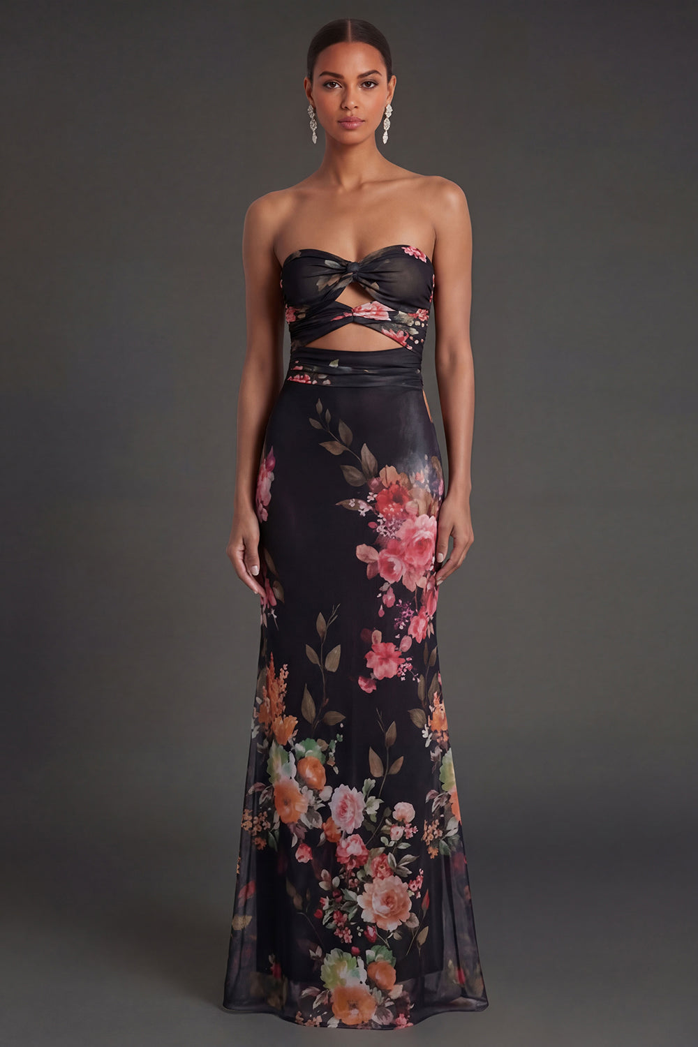 Black Floral Sheath Sweetheart Cut Out Long Formal Dress