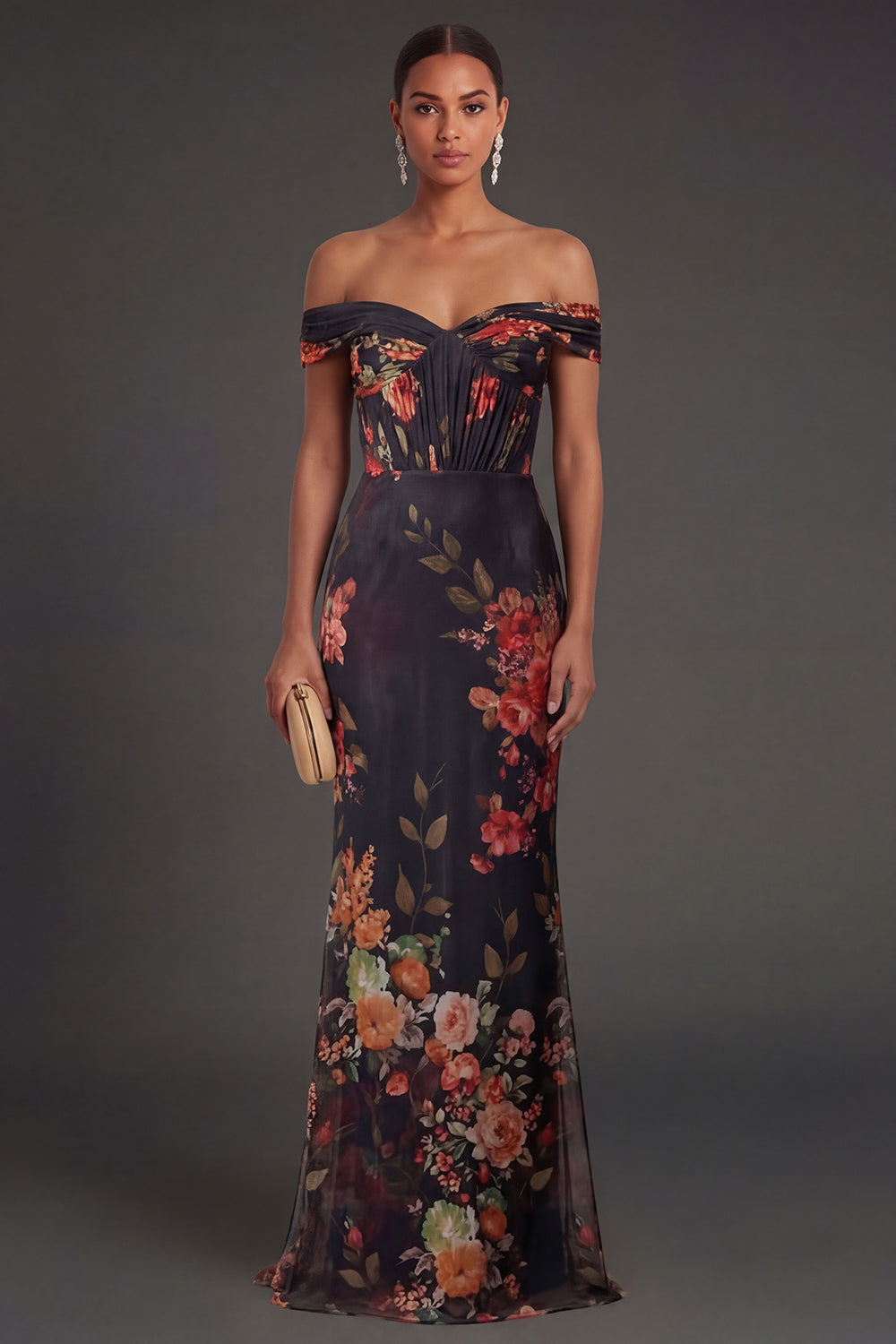 Leely Women Black Off the Shoulder Sheath Floral Long Formal Dress Backless Sleeveless Ruched Wedding Guest Dress