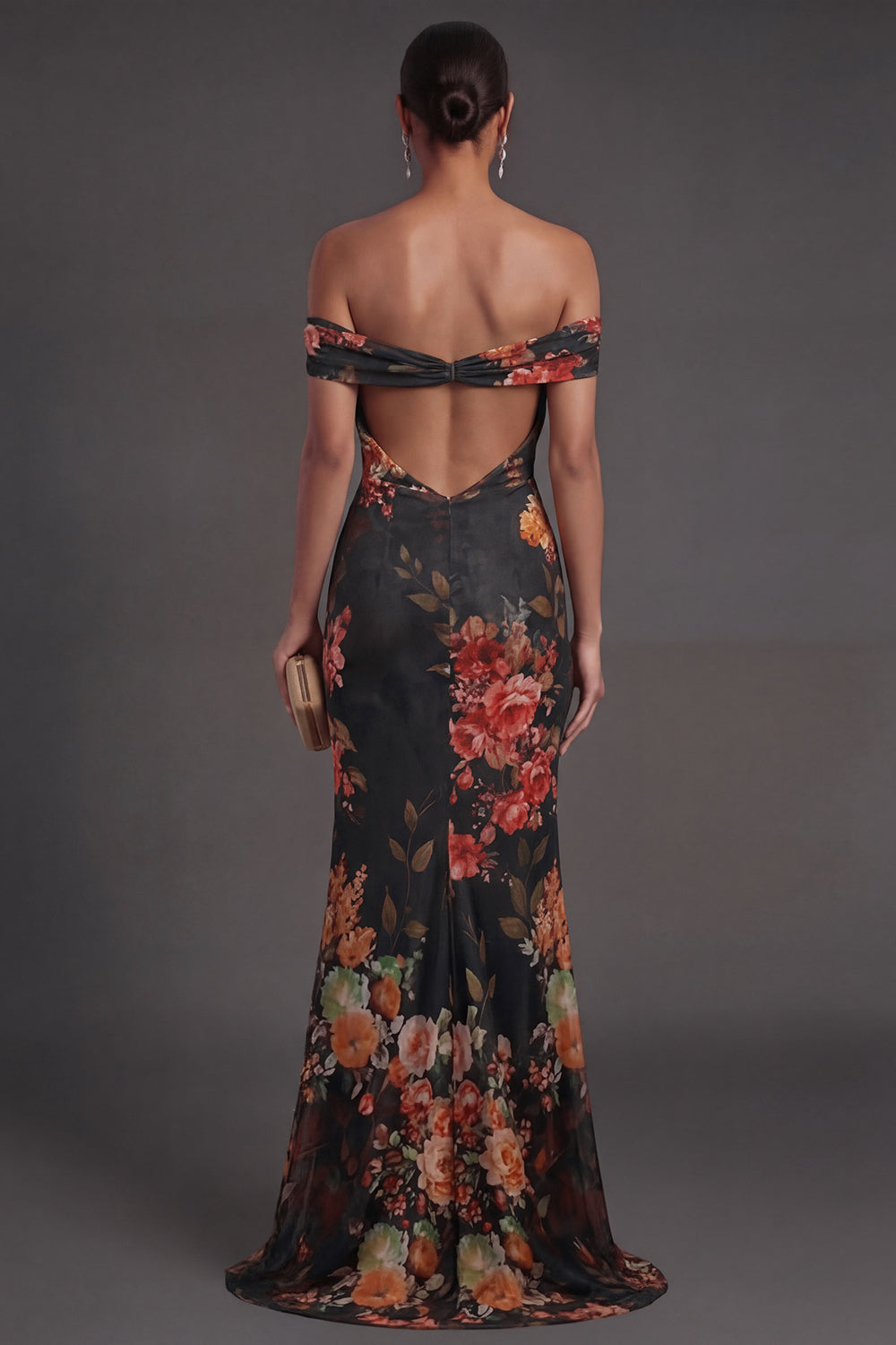 Black Off the Shoulder Backless Sheath Floral Long Formal Dress