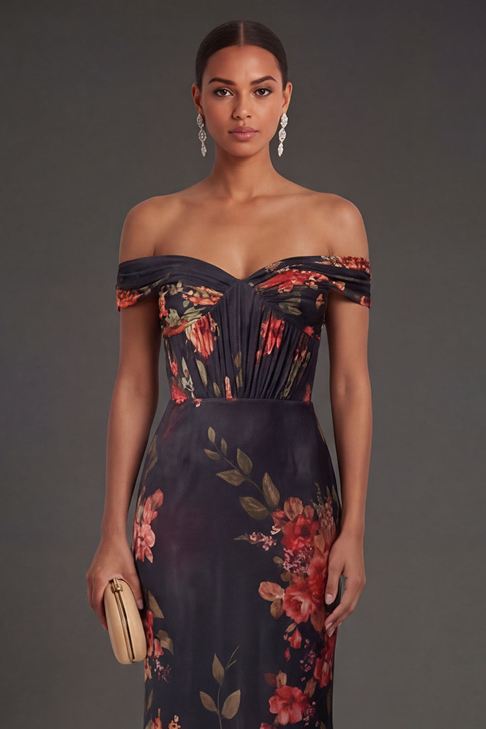 Black Off the Shoulder Backless Sheath Floral Long Formal Dress