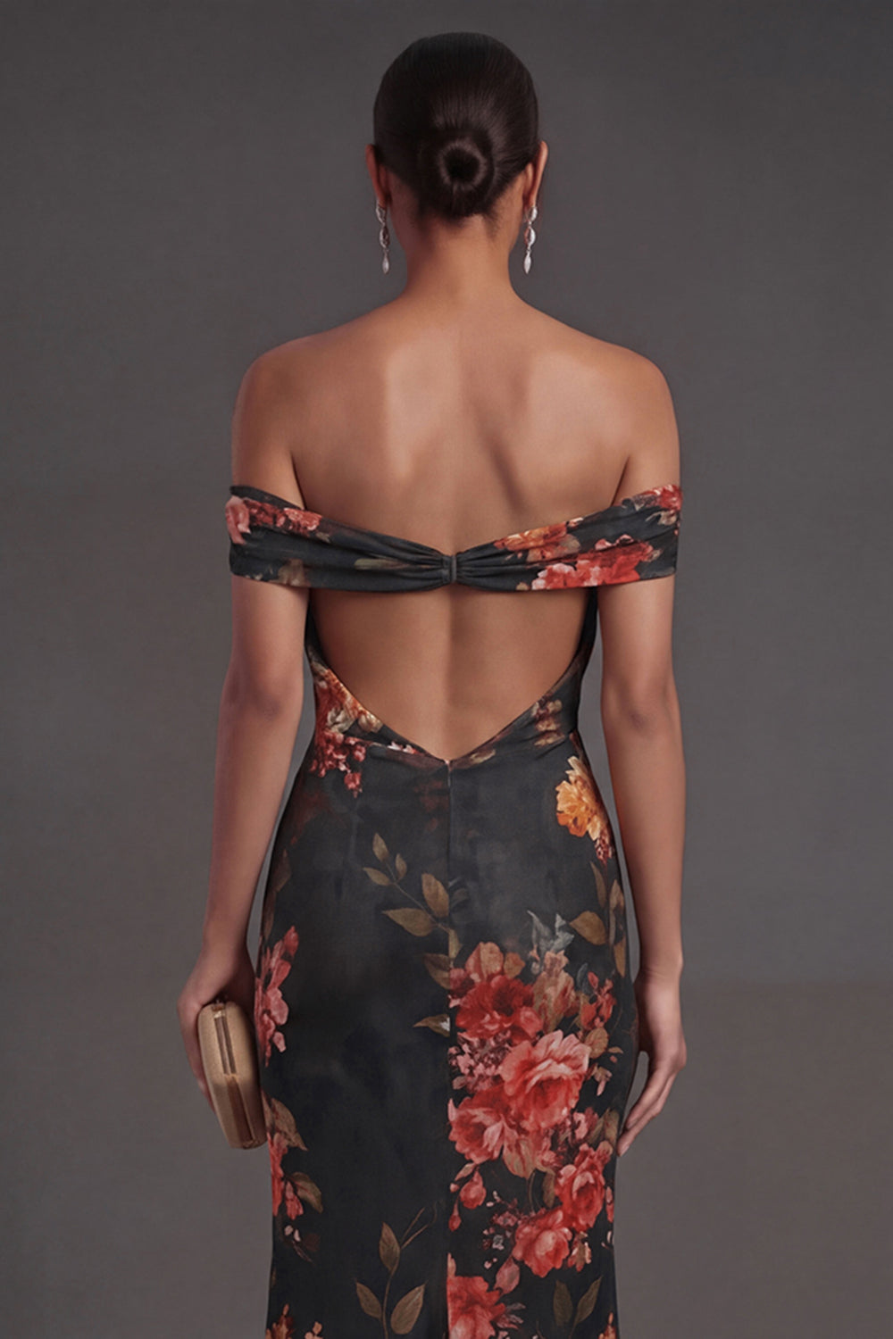 Black Off the Shoulder Backless Sheath Floral Long Formal Dress
