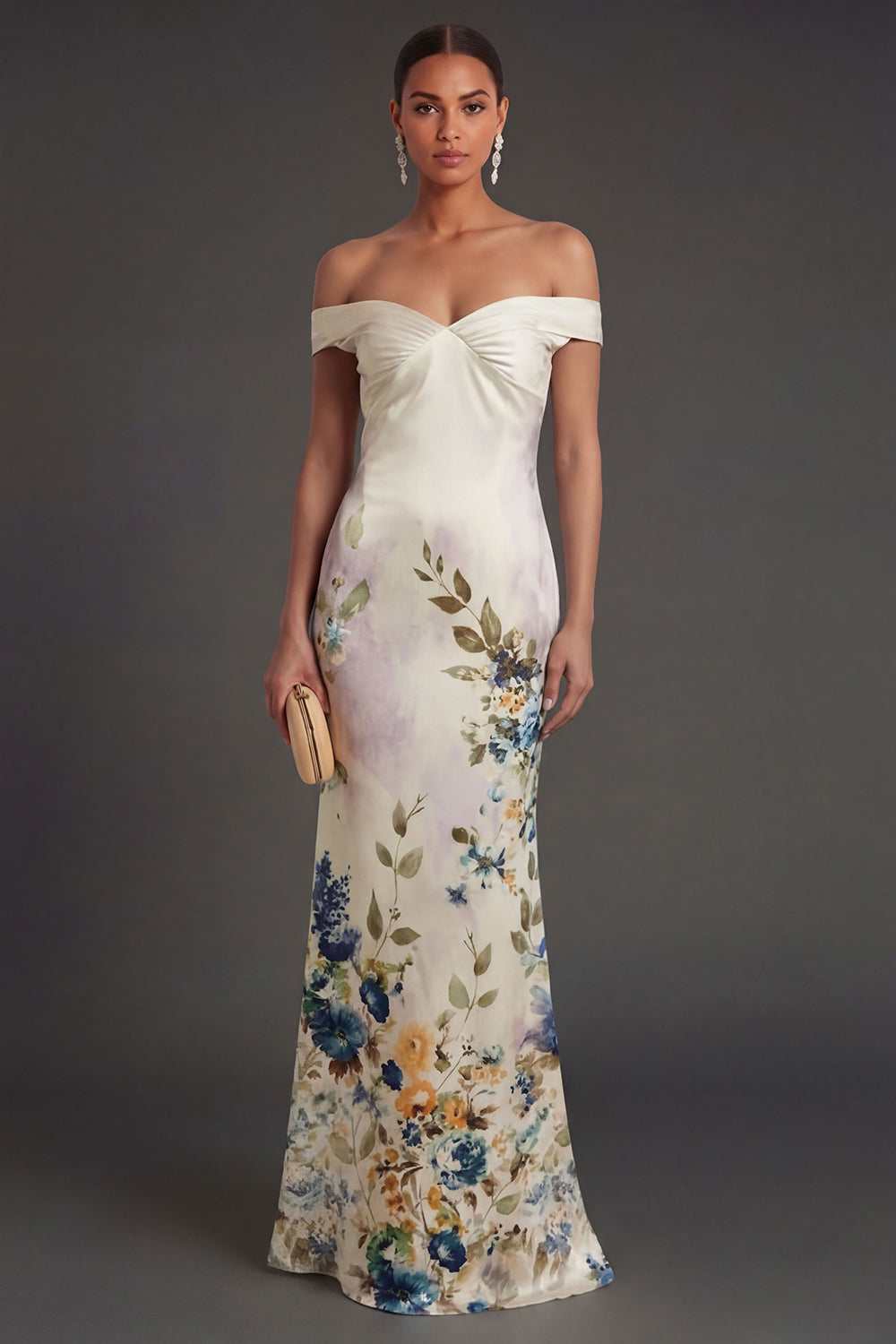 Leely Women Ivory Mermaid Floral Sleeveless Long Formal Dress Off the Shoulder Ruched Backless Wedding Guest Dress