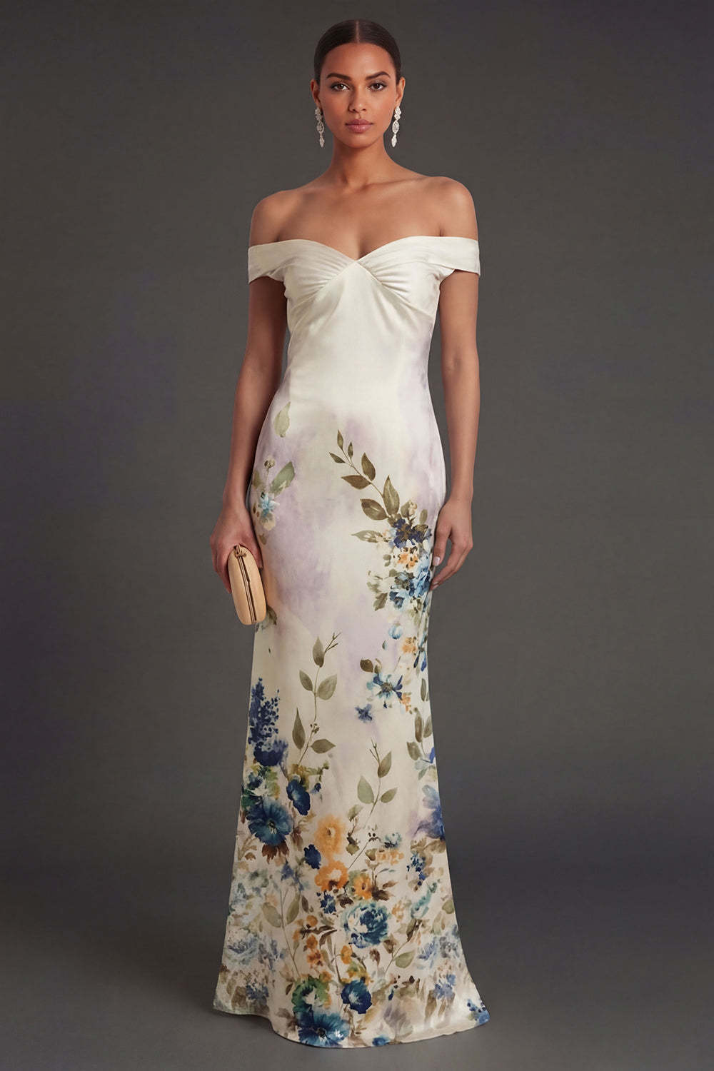 Leely Women Ivory Mermaid Floral Sleeveless Long Formal Dress Off the Shoulder Ruched Backless Wedding Guest Dress