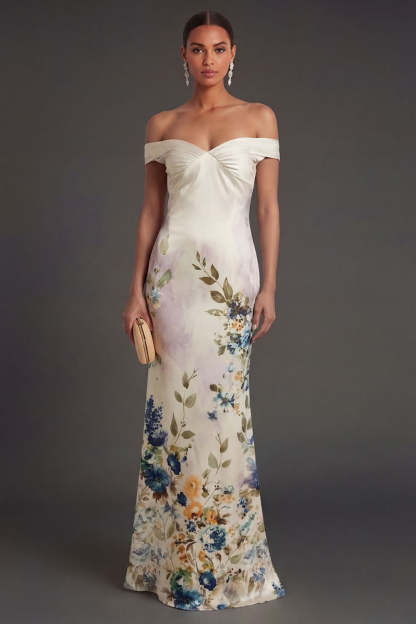 Leely Women Ivory Mermaid Floral Sleeveless Long Formal Dress Off the Shoulder Ruched Backless Wedding Guest Dress