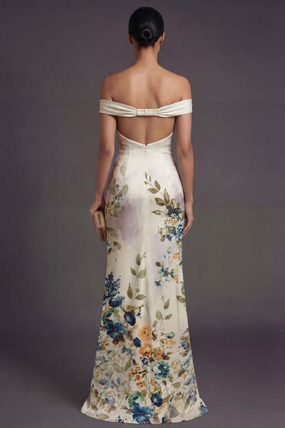 Ivory Mermaid Floral Off the Shoulder Sleeveless Long Formal Dress