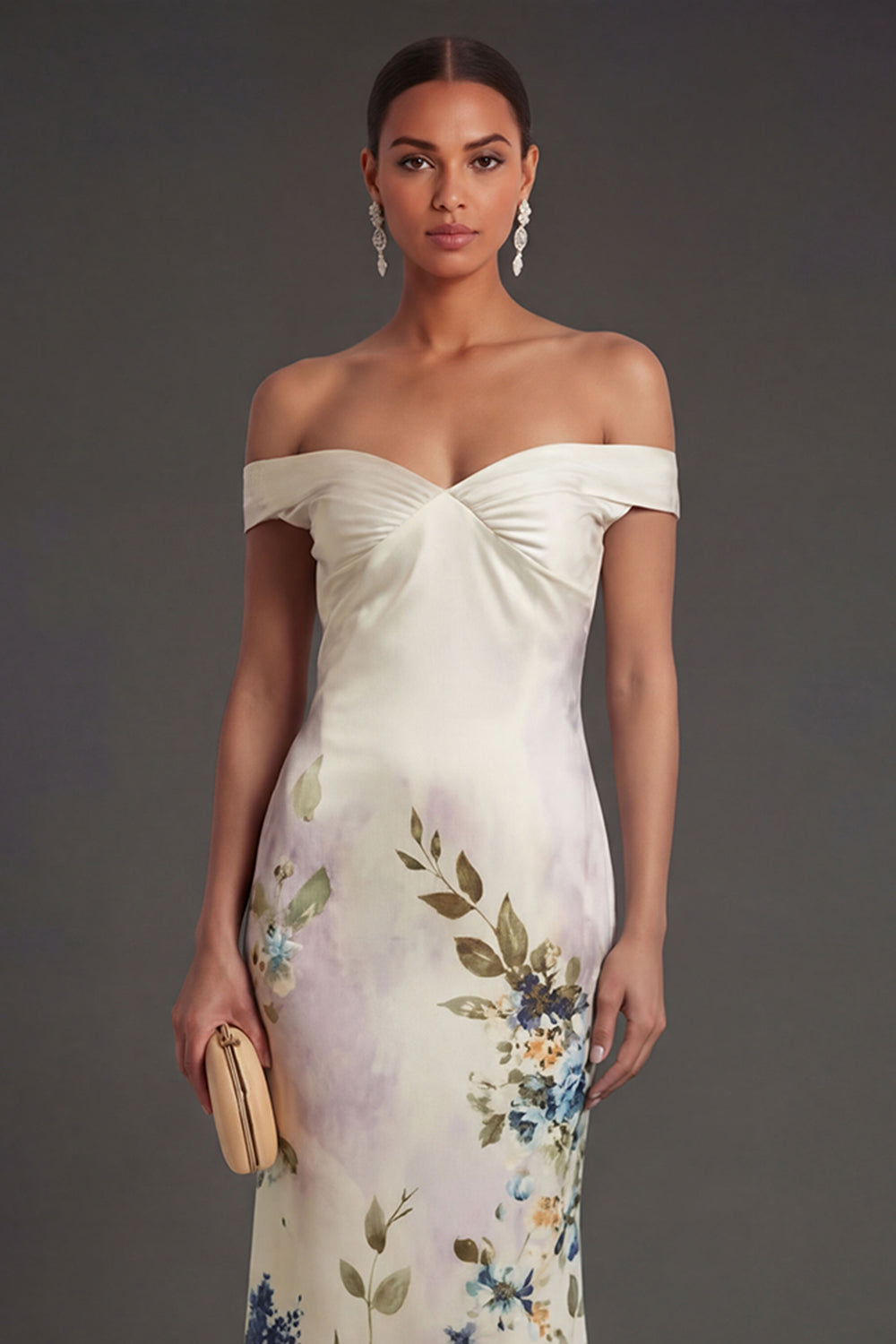 Ivory Mermaid Floral Off the Shoulder Sleeveless Long Formal Dress