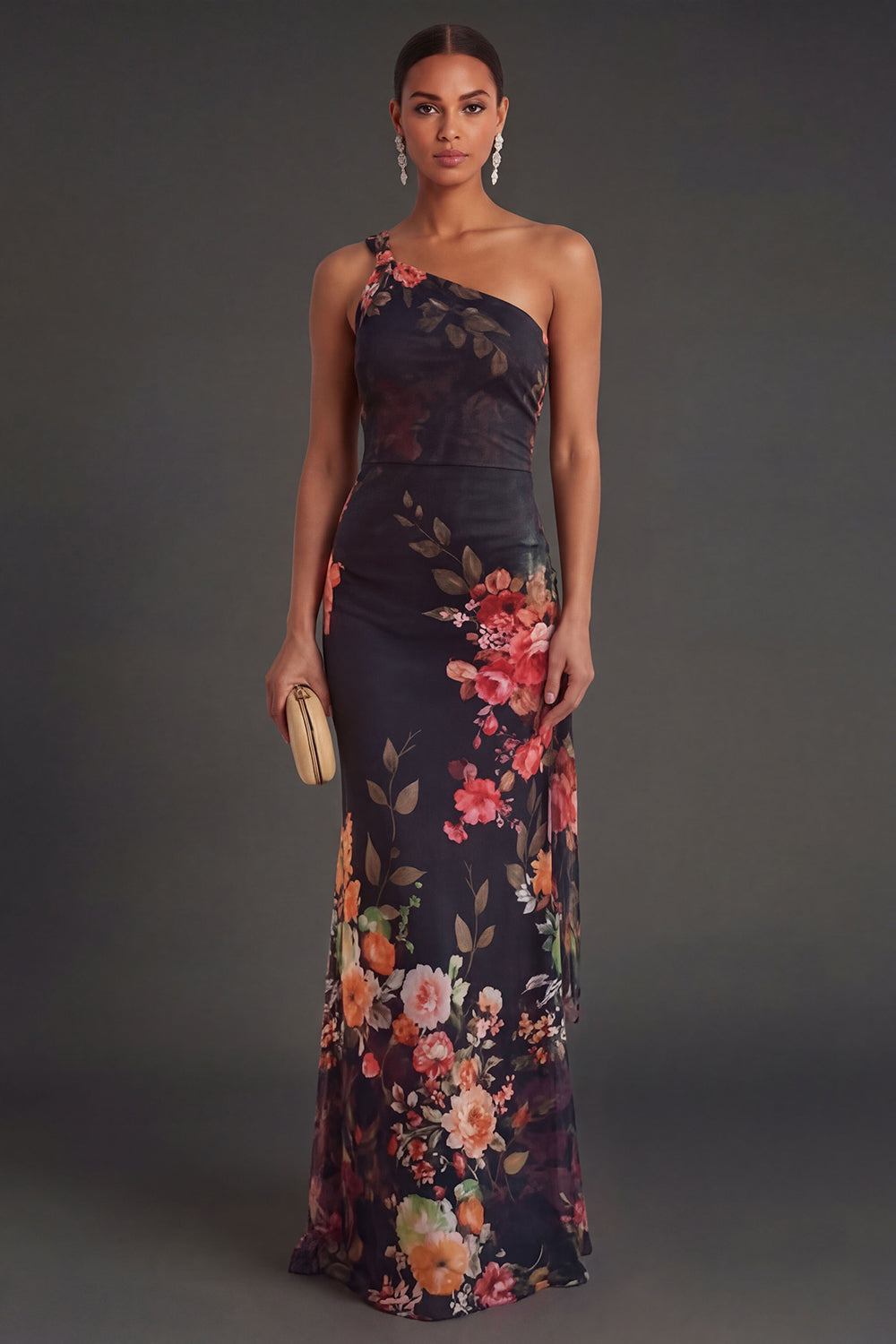 Leely Women Black Floral Sheath Backless Long Formal Dress One Shoulder Sleeveless Wedding Guest Dress