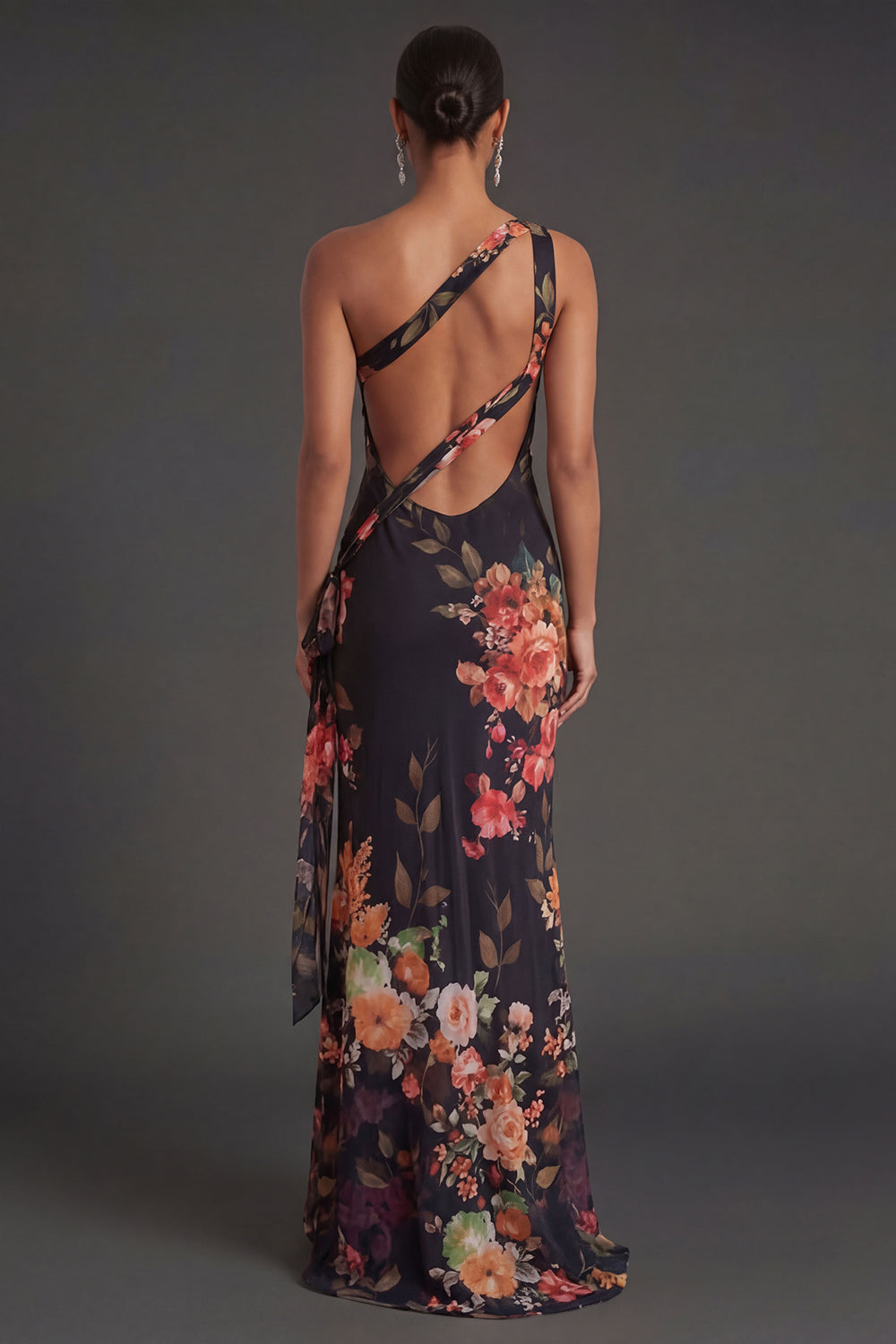 Black Floral Sheath One Shoulder Sleeveless Backless Long Formal Dress