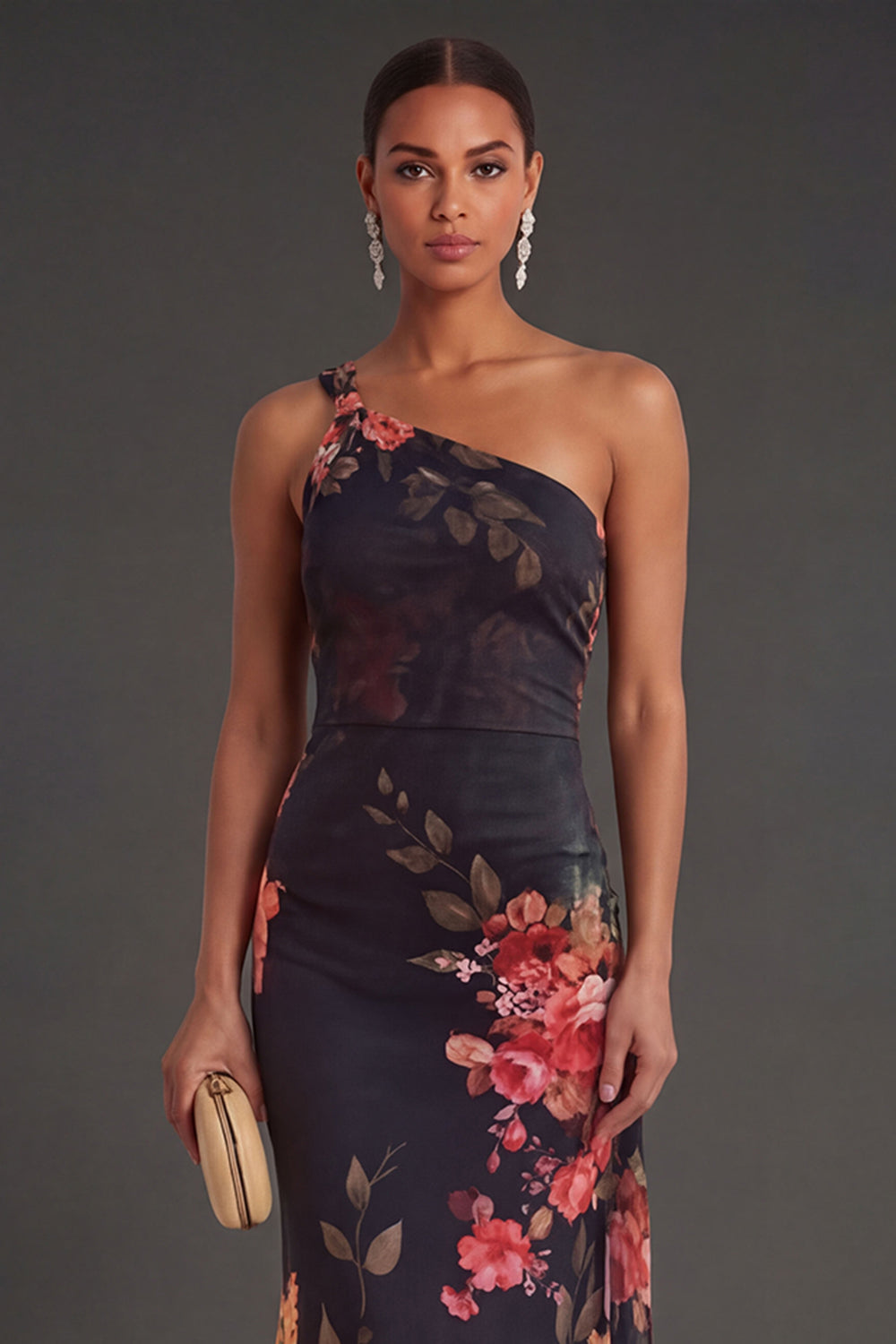 Black Floral Sheath One Shoulder Sleeveless Backless Long Formal Dress