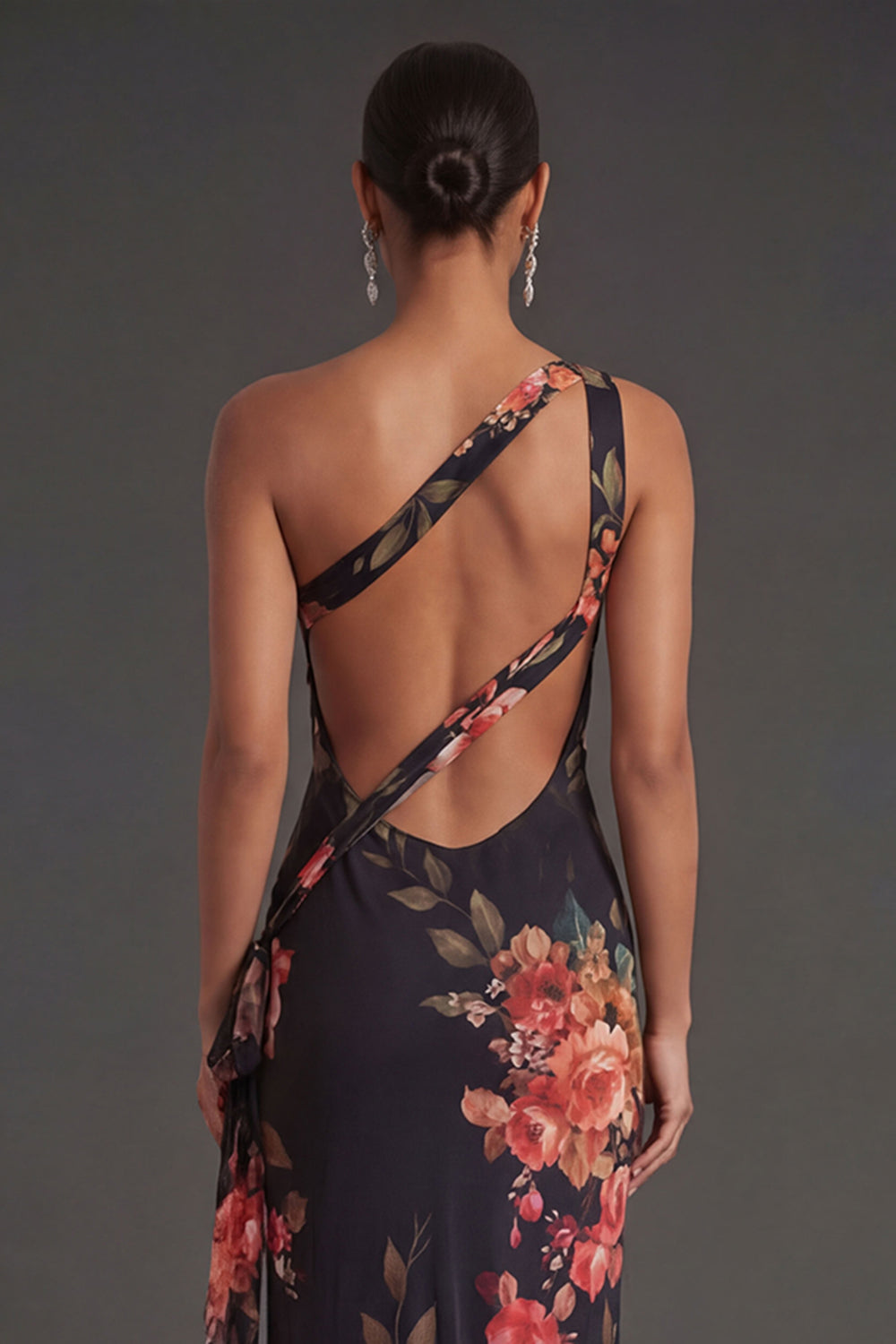 Black Floral Sheath One Shoulder Sleeveless Backless Long Formal Dress