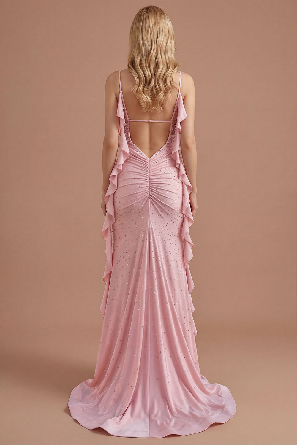 Sparkly Beaded Pink Mermaid Spaghetti Straps Long Prom Dress with Slit