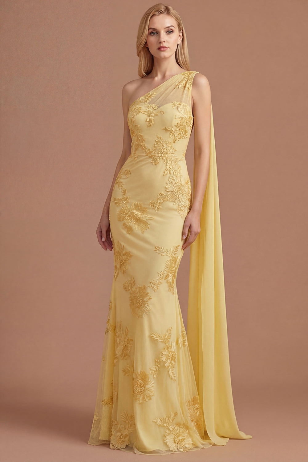 Leely Women Yellow Floral One Shoulder Sheath Appliqued Long Prom Dress with Cape Backless Sleeveless Evening Dress