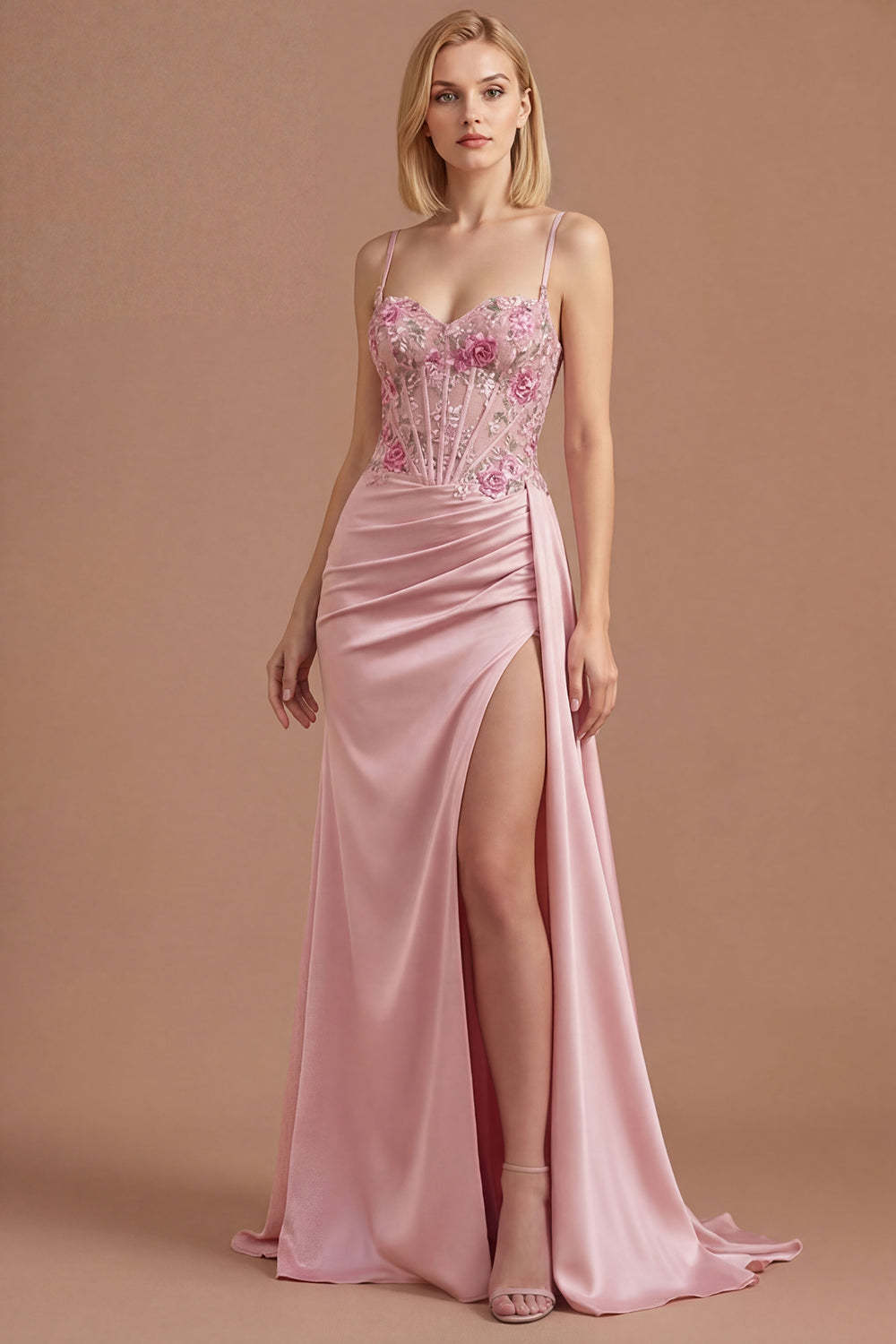 Leely Women Pink Corset Floral Spaghetti Straps Long Prom Dress with Slit Spaghetti Straps Backless Sleeveless Wedding Guest Dress