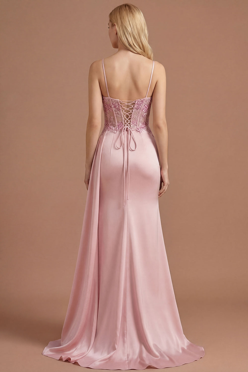 Pink Corset Spaghetti Straps Floral Spaghetti Straps Long Prom Dress with Slit