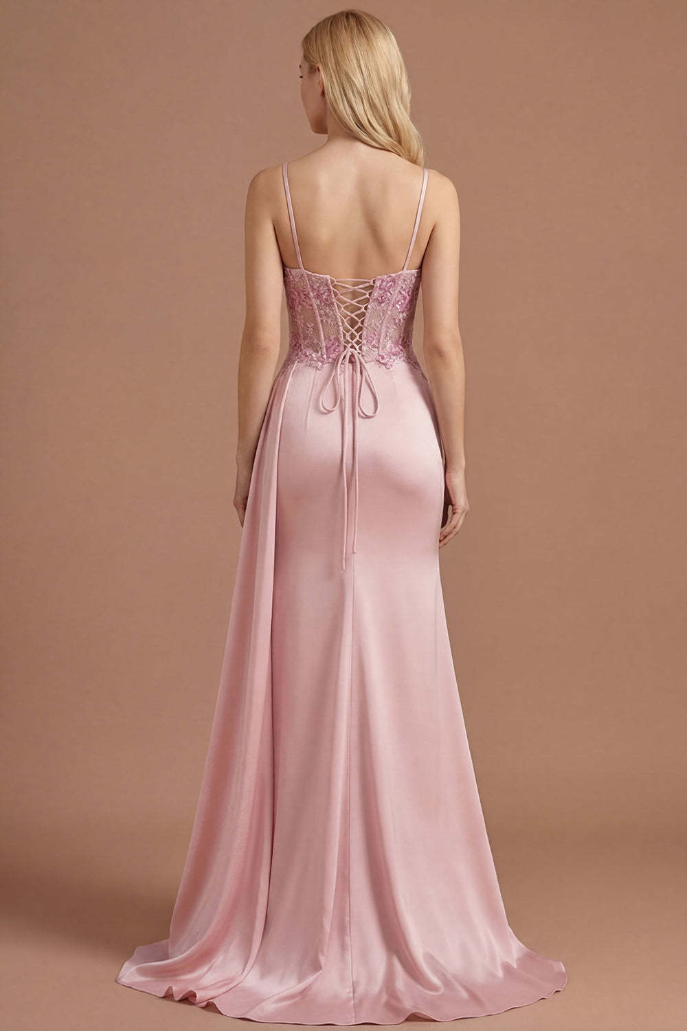 Pink Corset Spaghetti Straps Floral Spaghetti Straps Long Prom Dress with Slit