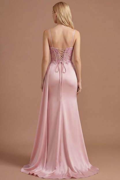 Pink Corset Spaghetti Straps Floral Spaghetti Straps Long Prom Dress with Slit