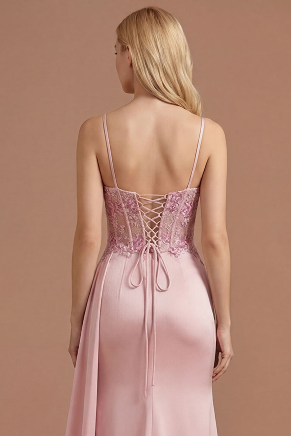 Pink Corset Spaghetti Straps Floral Spaghetti Straps Long Prom Dress with Slit