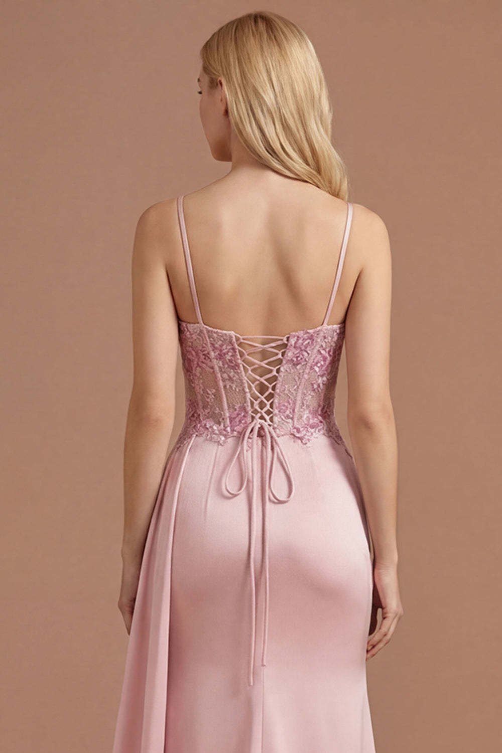 Pink Corset Spaghetti Straps Floral Spaghetti Straps Long Prom Dress with Slit