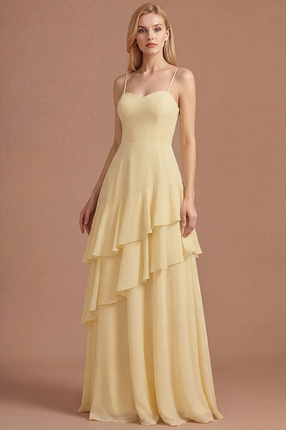 Leely Women Yellow A Line Spaghetti Straps Tiered Long Prom Dress Backless Sleeveless Evening Dress