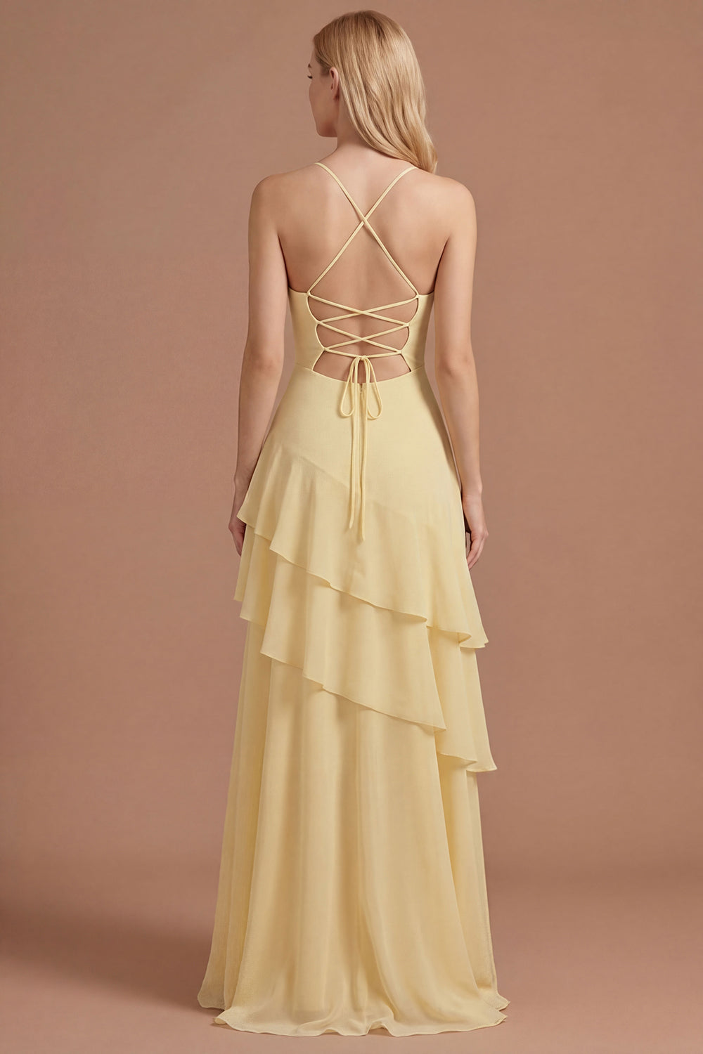 Yellow A Line Spaghetti Straps Tiered Backless Long Prom Dress