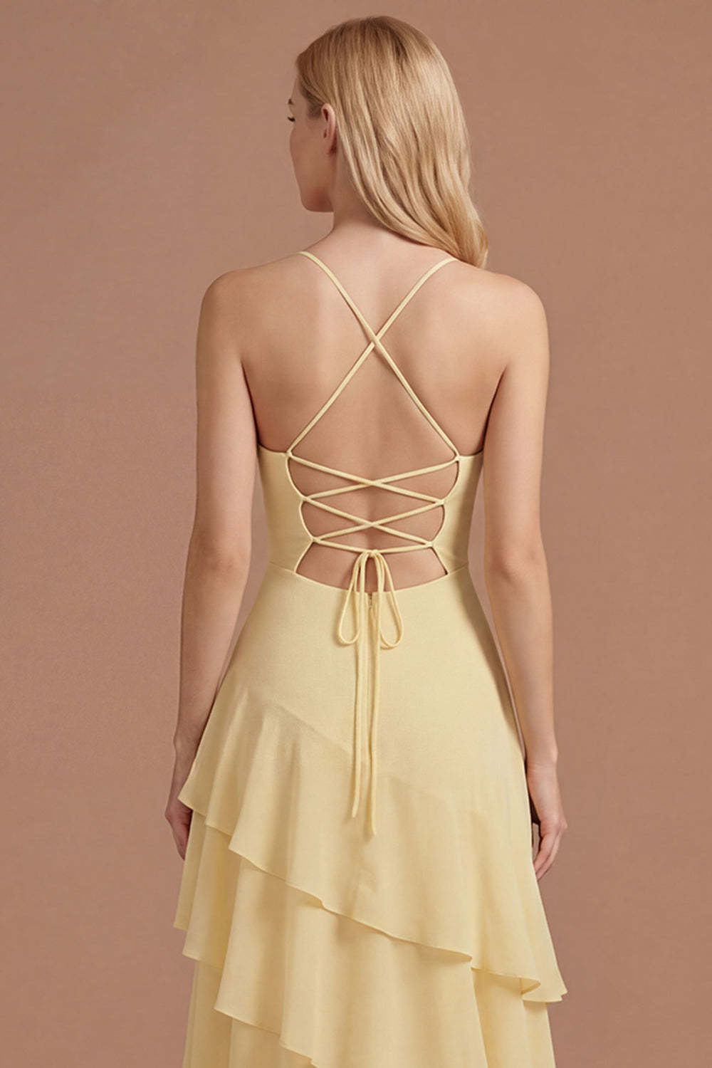 Yellow A Line Spaghetti Straps Tiered Backless Long Prom Dress