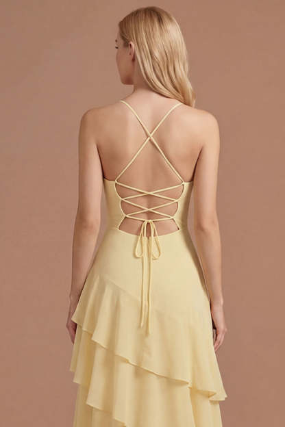 Yellow A Line Spaghetti Straps Tiered Backless Long Prom Dress