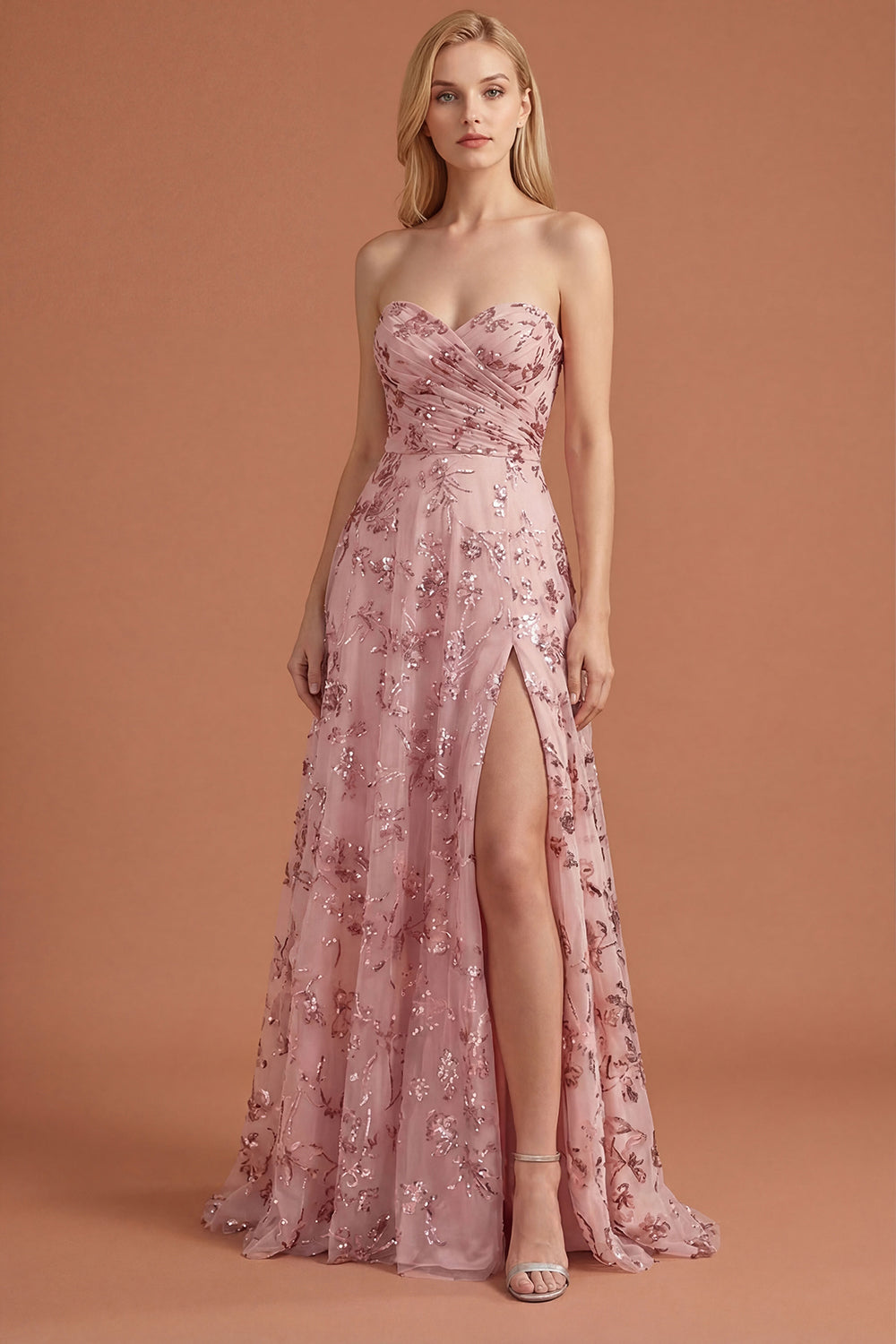 Blush Floral Appliqued A Line Sweetheart Long Prom Dress with Slit