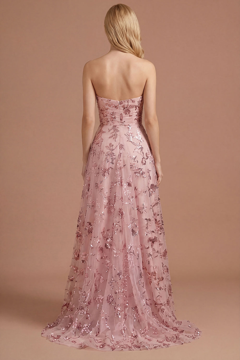 Blush Floral Appliqued A Line Sweetheart Long Prom Dress with Slit