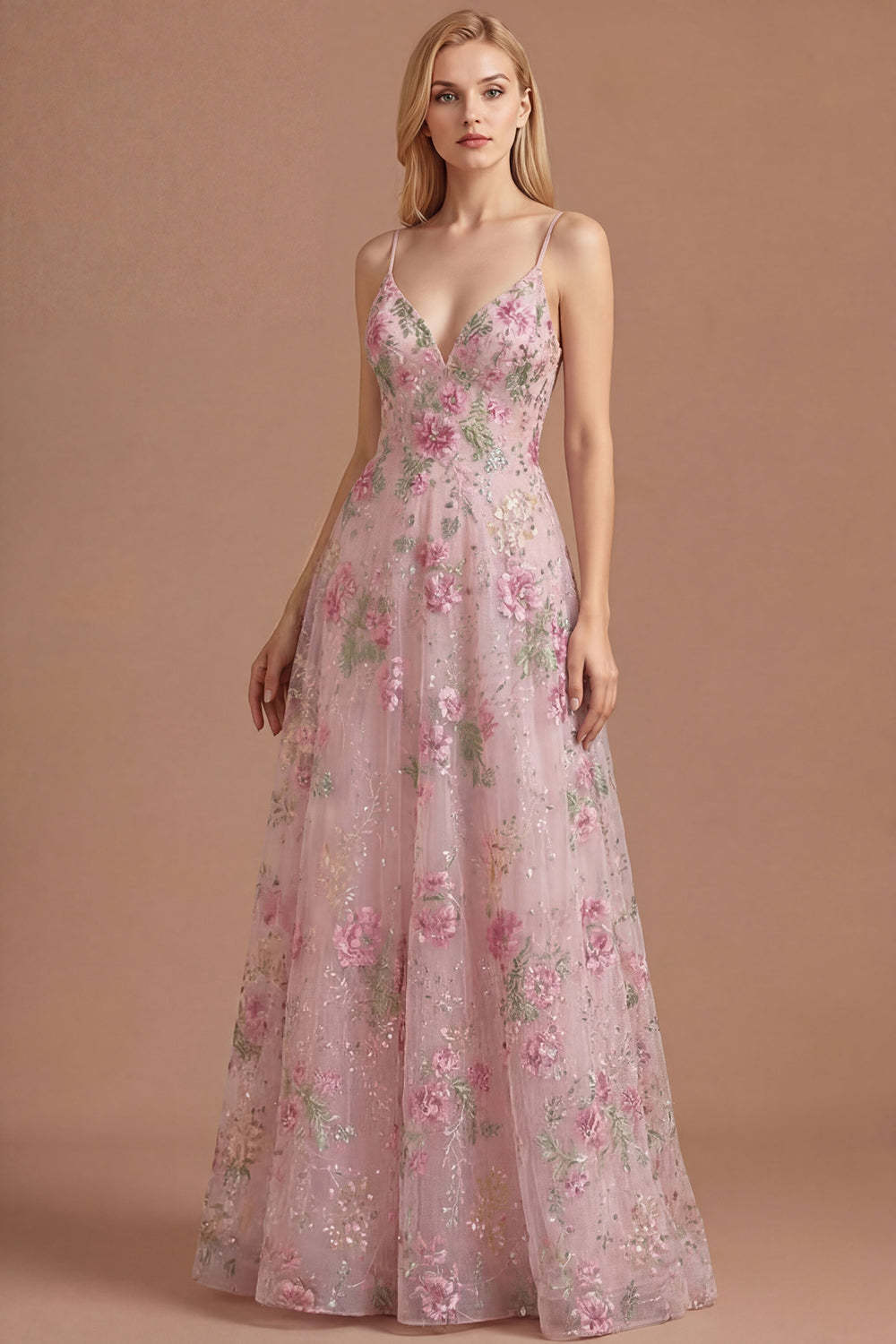 Leely Women Floral Pink Appliqued A Line Spaghetti Straps Long Prom Dress Backless Sleeveless Evening Dress