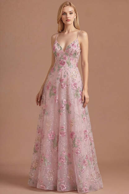 Leely Women Floral Pink Appliqued A Line Spaghetti Straps Long Prom Dress Backless Sleeveless Evening Dress