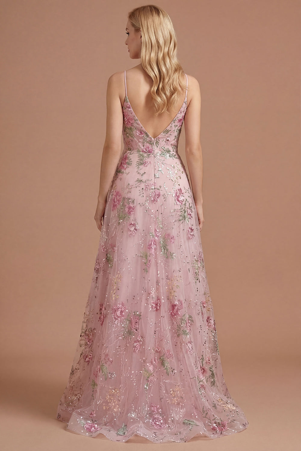 Floral Pink Appliqued A Line Spaghetti Straps Long Prom Dress