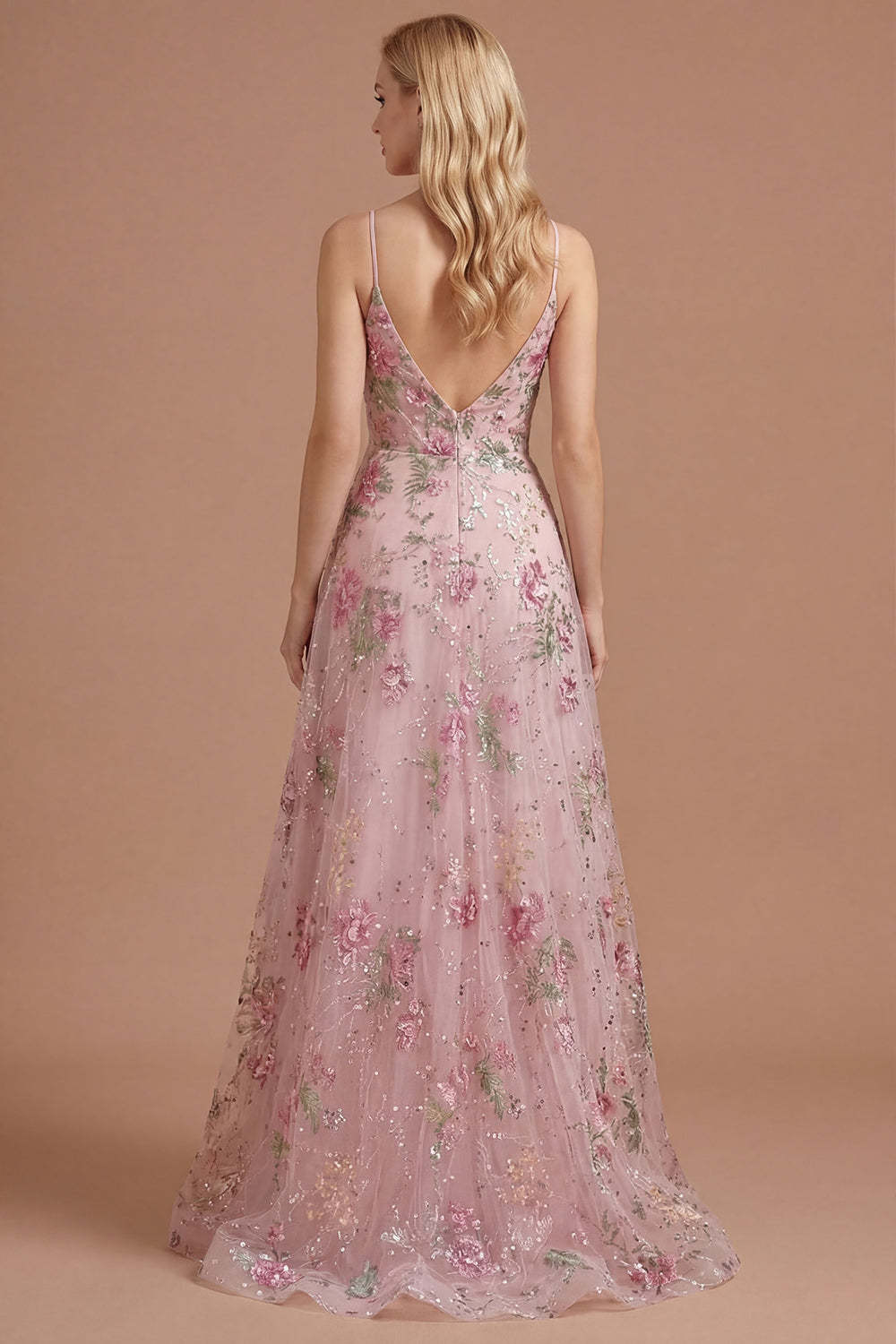 Floral Pink Appliqued A Line Spaghetti Straps Long Prom Dress