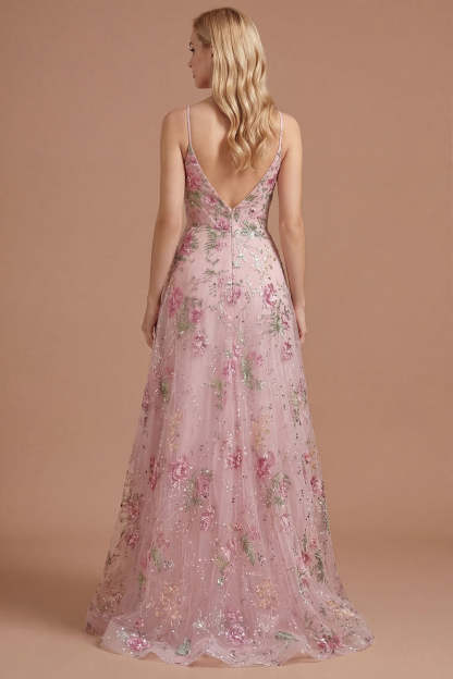 Floral Pink Appliqued A Line Spaghetti Straps Long Prom Dress