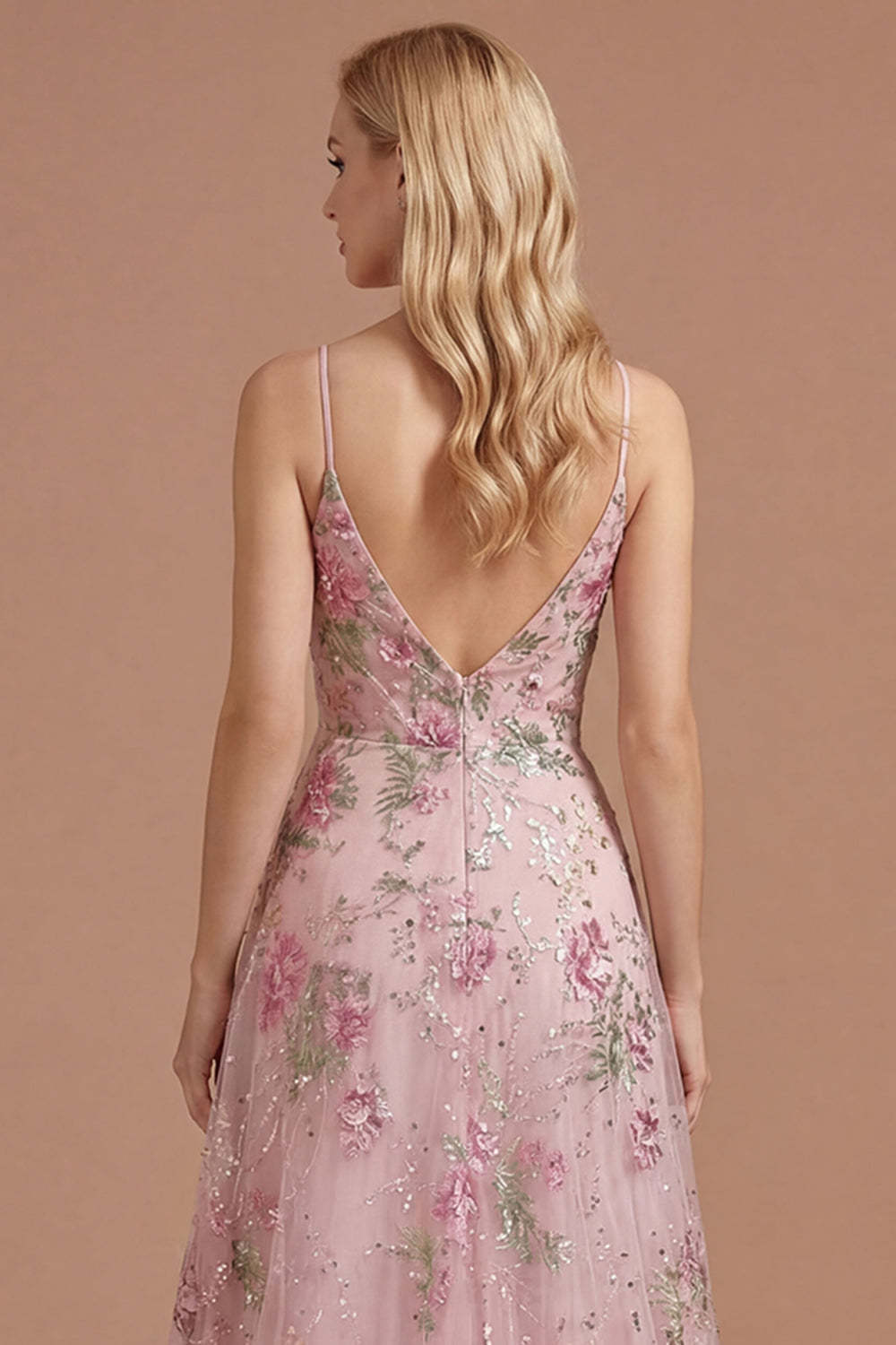 Floral Pink Appliqued A Line Spaghetti Straps Long Prom Dress